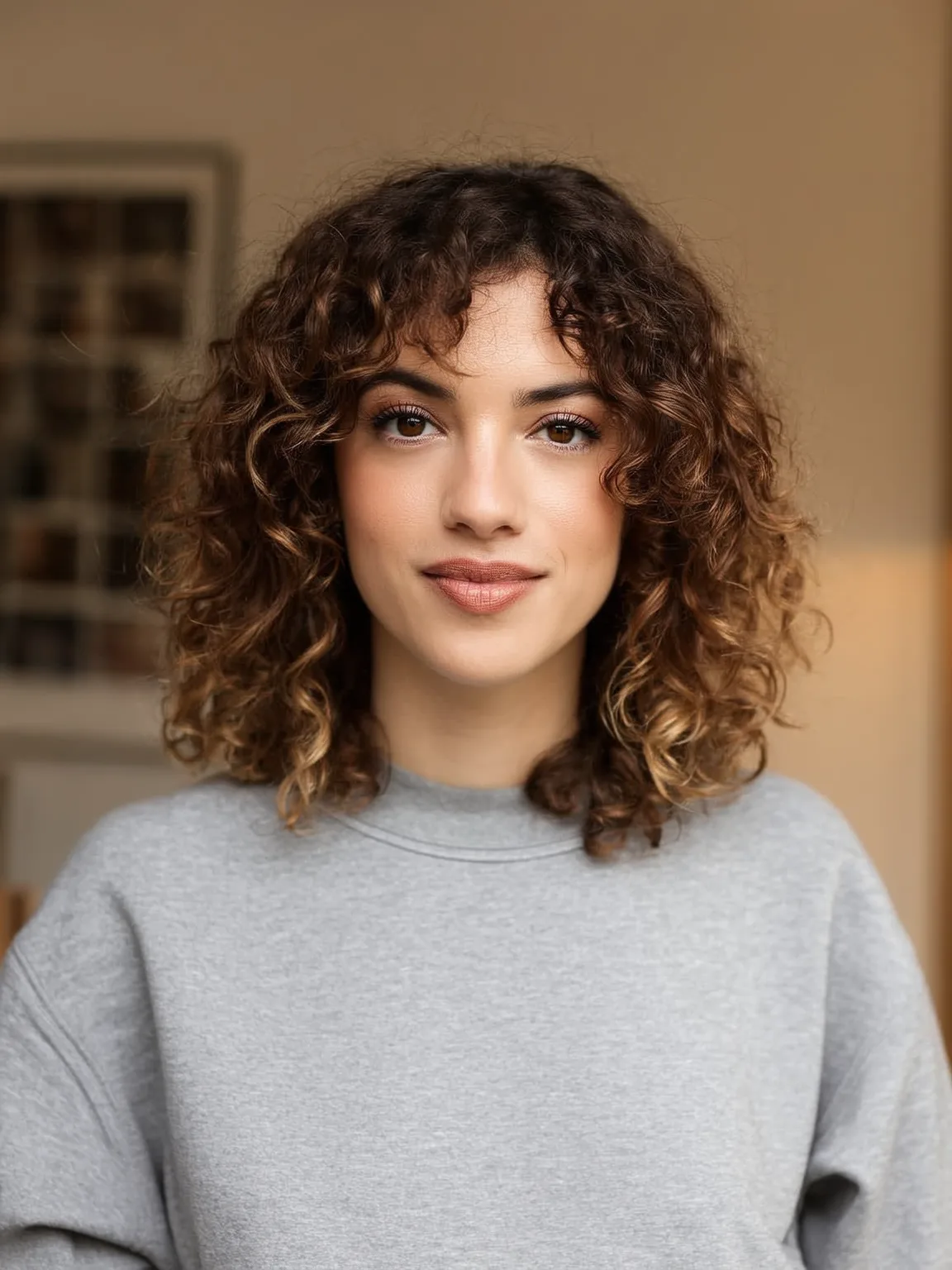 Voluminous Curly Caramel Brown Bob with Wispy Bangs